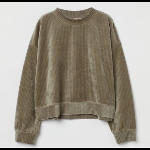 H&M Ribbed Velour Khaki Green Casual Pullover - Picture 2 of 10